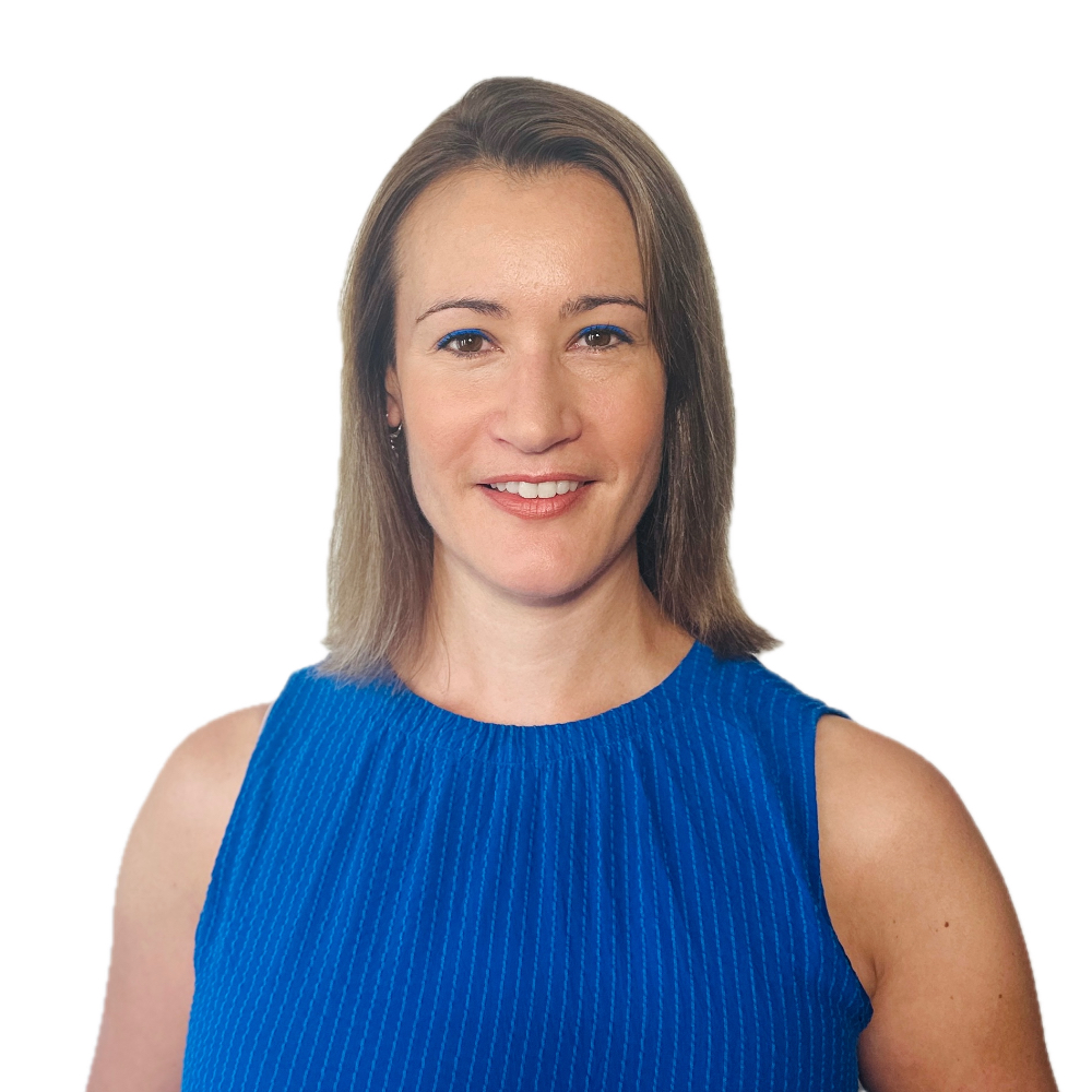 Sarah Coble smiling headshot wearing a blue sleeveless dress