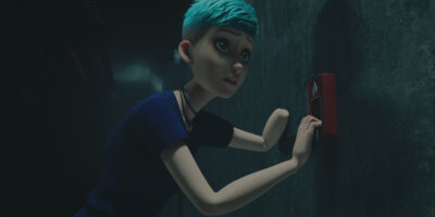 Jurassic World Chaos Theory animated character Brooklyn pulling a fire alarm with her full arm while her amputated arm rests against a wall