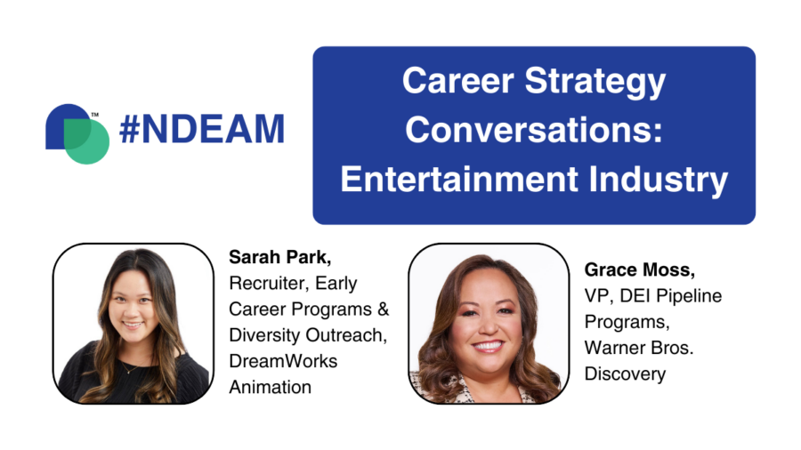 graphic advertising webinar titled Career Strategy Conversations: Entertainment Industry. includes headshots of speakers Sarah Park and Grace Moss with their job titles, disability belongs trademarked icon with overlapping droplet shapes and text #NDEAM