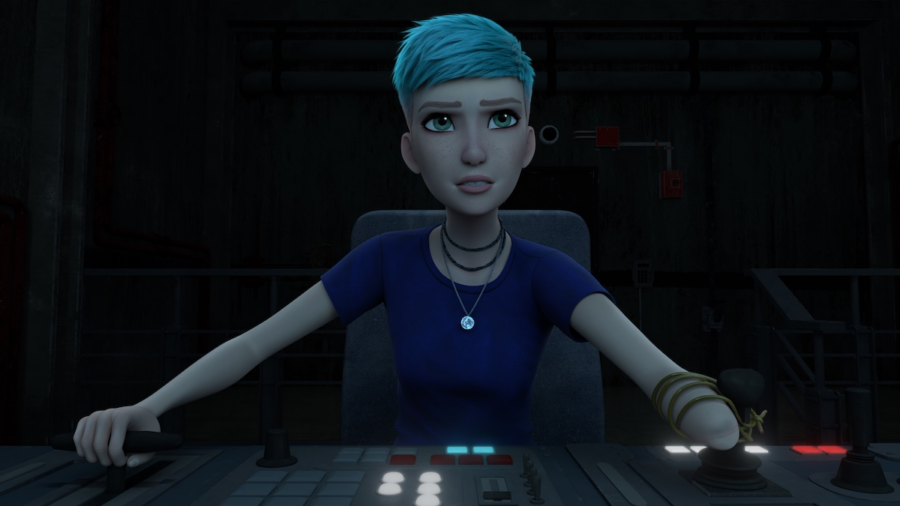 Jurassic World Chaos Theory animated character Brooklyn using a mainframe with one full arm and one amputated arm