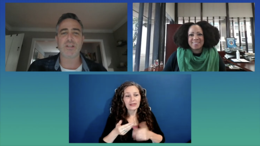 still of Kevin McCloskey, Taryn Williams, and ASL interpreter from NDEAM interview video