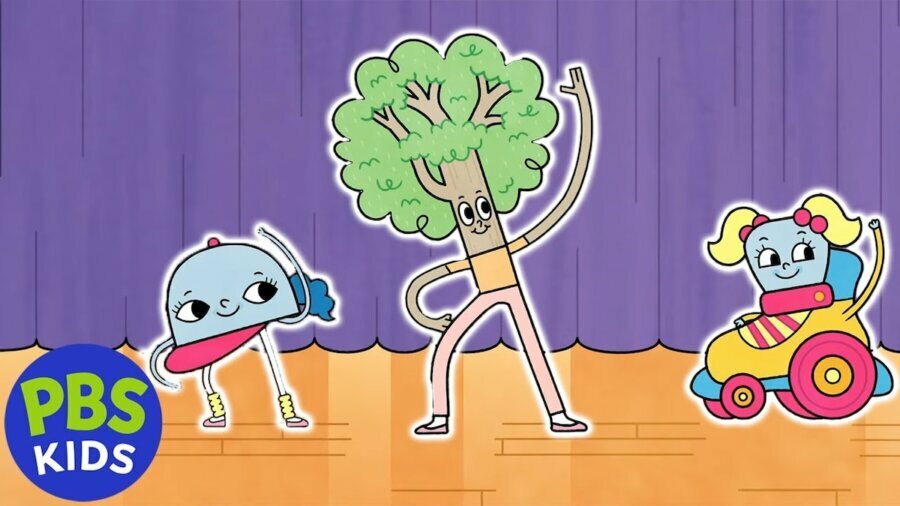 still from PBS Kids' City Island with three characters dancing on a stage