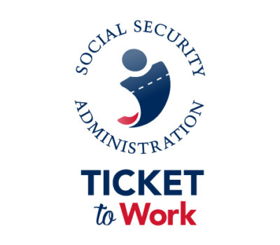 social security administration ticket to work program logo with an icon of a ticket in the shape of a person