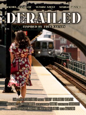 Poster art for Derailed with Rachel Handler, an amputee, walking down a subway platform in New York City