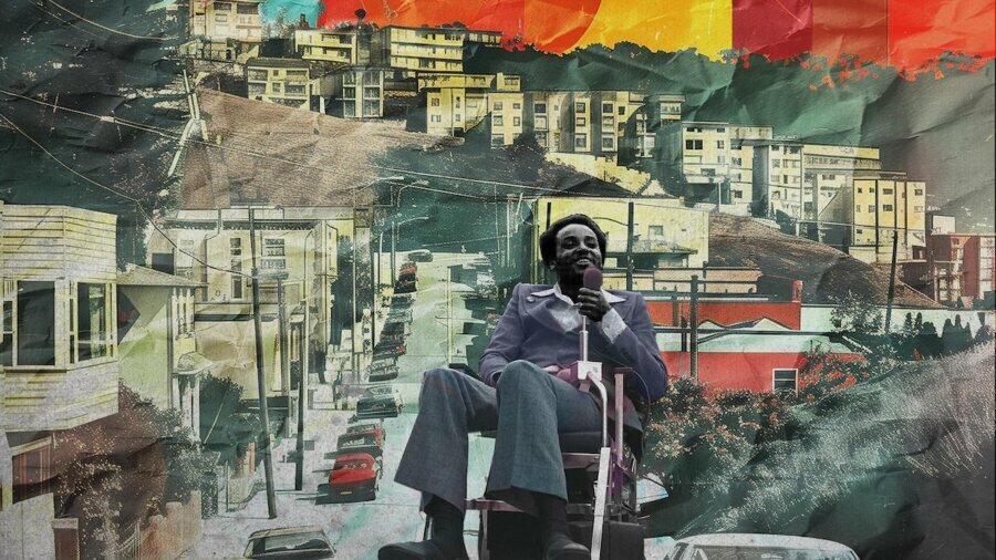 key art for episode of American Masters focusing on Brad Lomax, including an photo of Lomax in his wheelchair with a city behind him