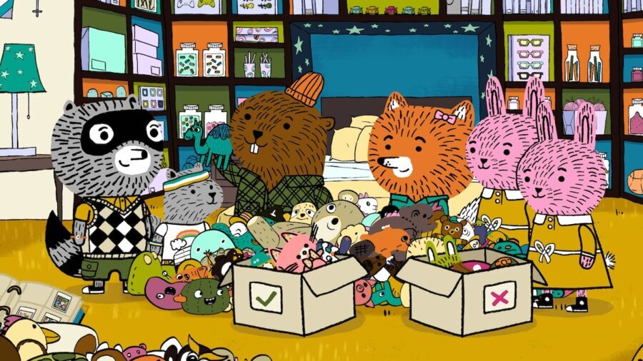 scene from Carl the Collector with his animal friends as they sort toys into boxes