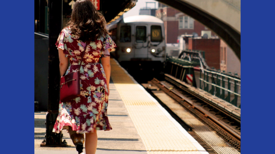 Poster art for Derailed with Rachel Handler, an amputee with a prosthetic leg, walking down a subway platform in New York City