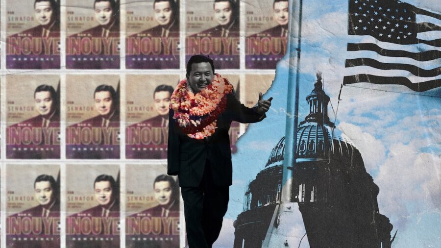 key art for episode of American Masters Renegades focused on the life of Daniel Inouye, featuring posters of Inouye for Senate, the U.S. capitol building, and Inouye with flowers around his neck