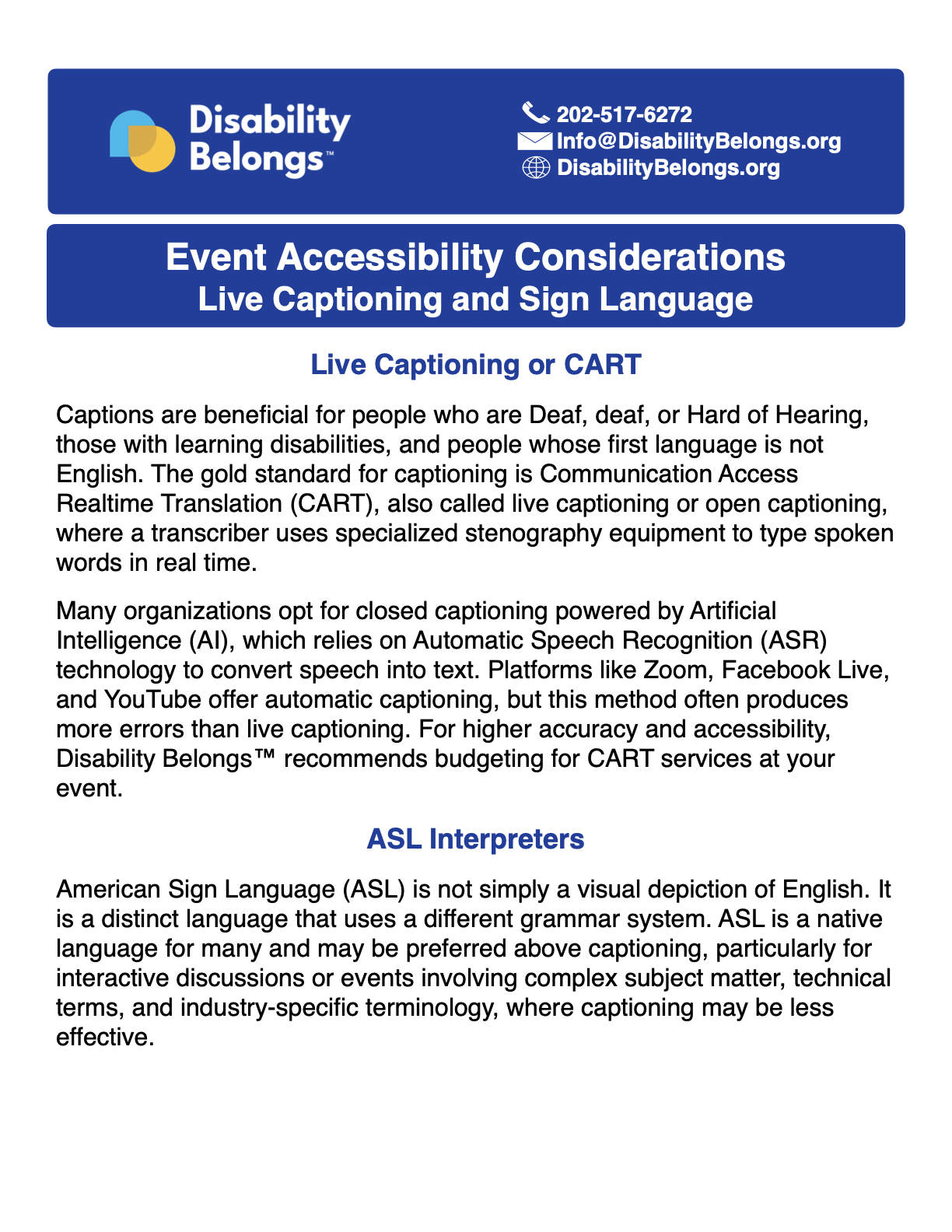 screenshot of first page of PDF version of event accessibility considerations for live captioning and sign language