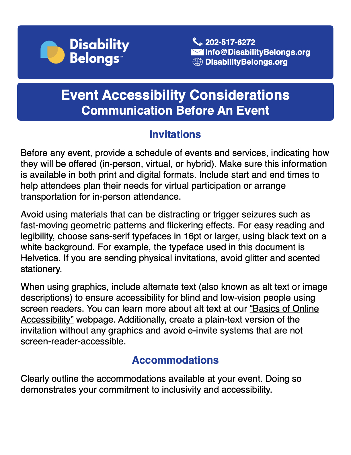 screenshot of first page of PDF version of event accessibility considerations for communication before an event