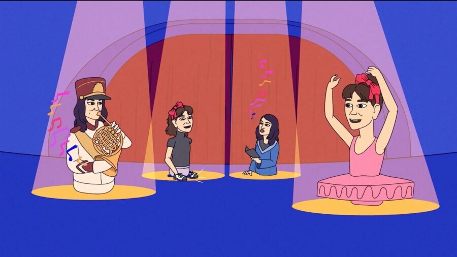 still from View From The Floor with spotlights on four animated characters who are all amputees