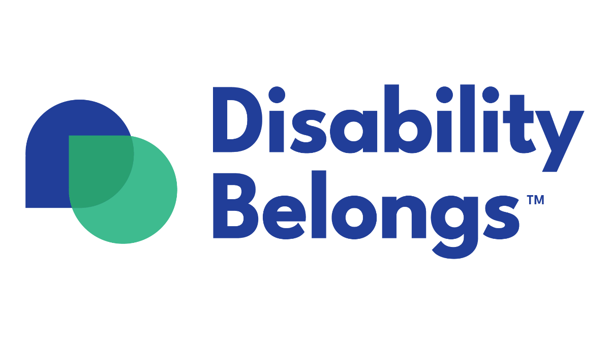 Disability Belongs trademarked logo with green and blue overlapping droplet shapes and logo type in blue to the righ