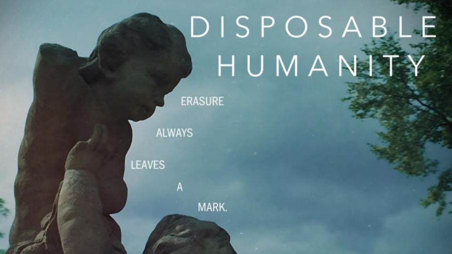 Disposable Humanity poster art with the tagline Erasure always leaves a mark and a photo of a statue