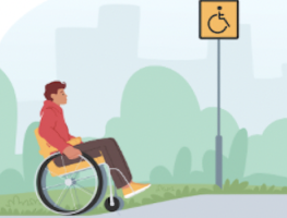 illustration of a wheelchair user rolling up to an accessibility sign demonstrating size and space for approach