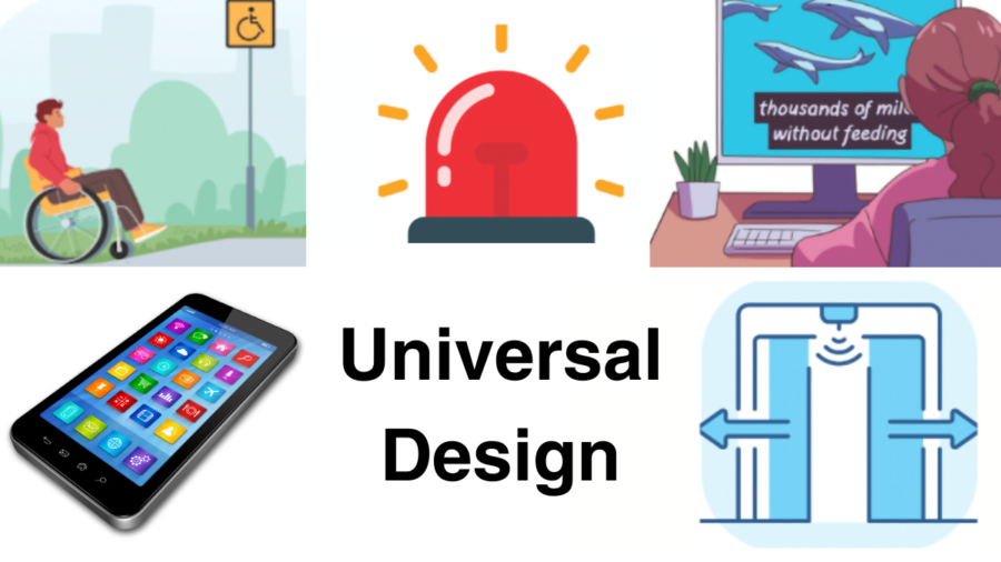 illustrations of a wheelchair user approaching a sign, an alert light, captions on a video, a smartphone, and automatic doors, which represent five aspects of universal design, along with text that reads Universal Design