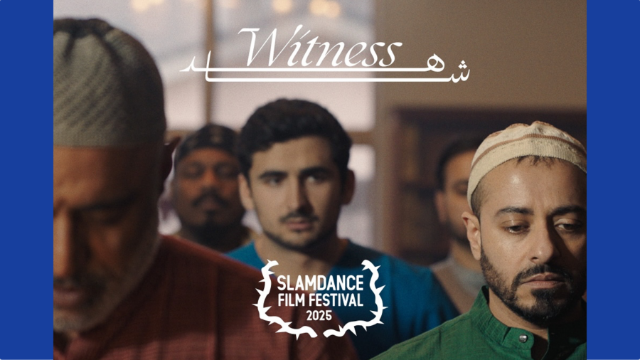 poster art for Witness with a group of people in religious clothing in a mosque and the icon for Slamdance Film Festival 2025