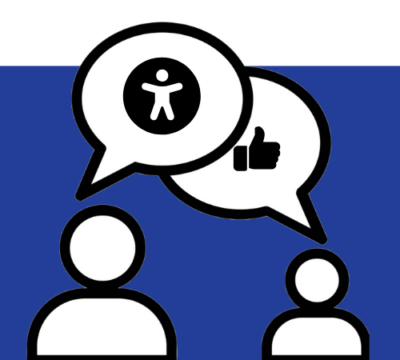 graphic of two people with speech bubbles. one speech bubble has an accessibility icon and the other has a thumbs up.