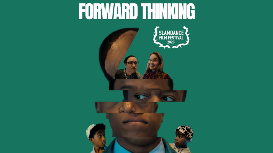 poster for Forward Thinking which screened at Slamdance 2025. the abstract poster art has two of the film's supporting characters appearing inside of the main character's head which is sliced into multiple layers