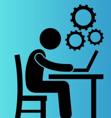 icon of a person seated at a desk working on a laptop with gears representing thinking