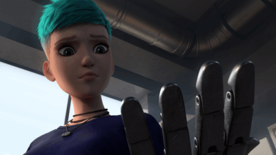 Brooklyn looking at her prosthetic hand in a scene from Season 3 of Jurassic World Chaos Theory