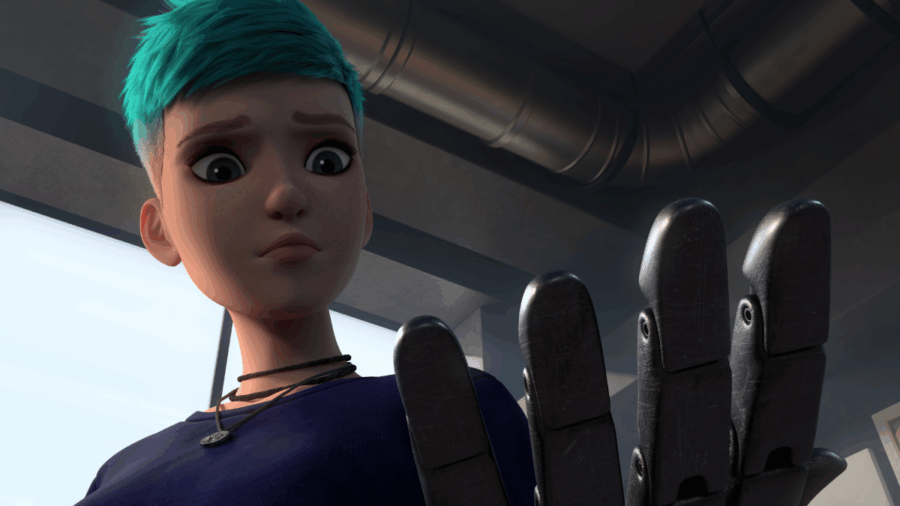 Brooklyn looking at her prosthetic hand in a scene from Season 3 of Jurassic World Chaos Theory