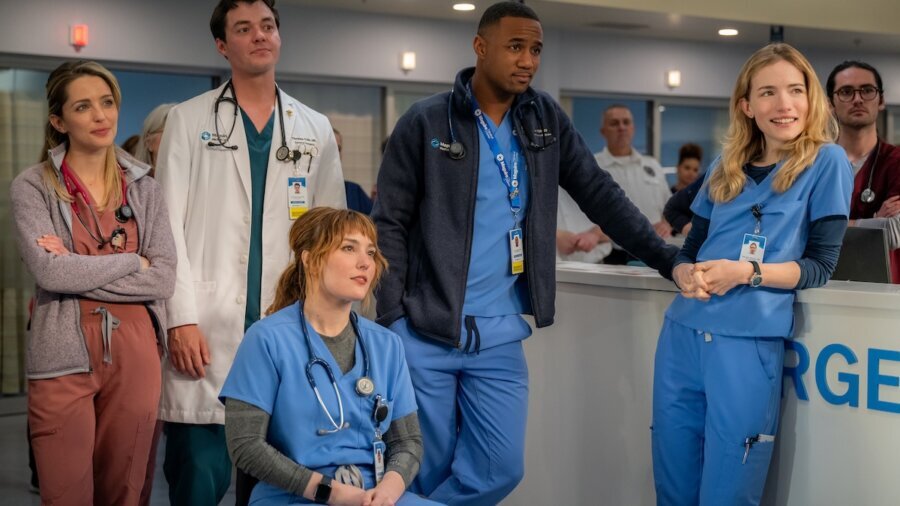 Jessy Yates and four of her co-stars on Pulse in character in the hospital in a scene from the show