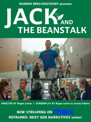poster for Jack and the Beanstalk film on HBO Max with four stills of the film, the largest one showing a group of disabled characters outside