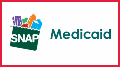 logo for SNAP alongside text reading Medicaid with a red border around both