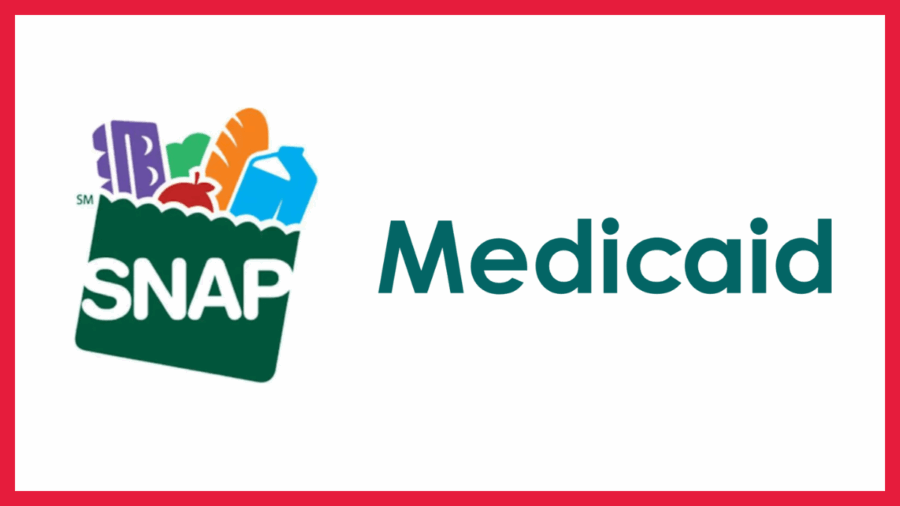logo for SNAP alongside text reading Medicaid with a red border around both
