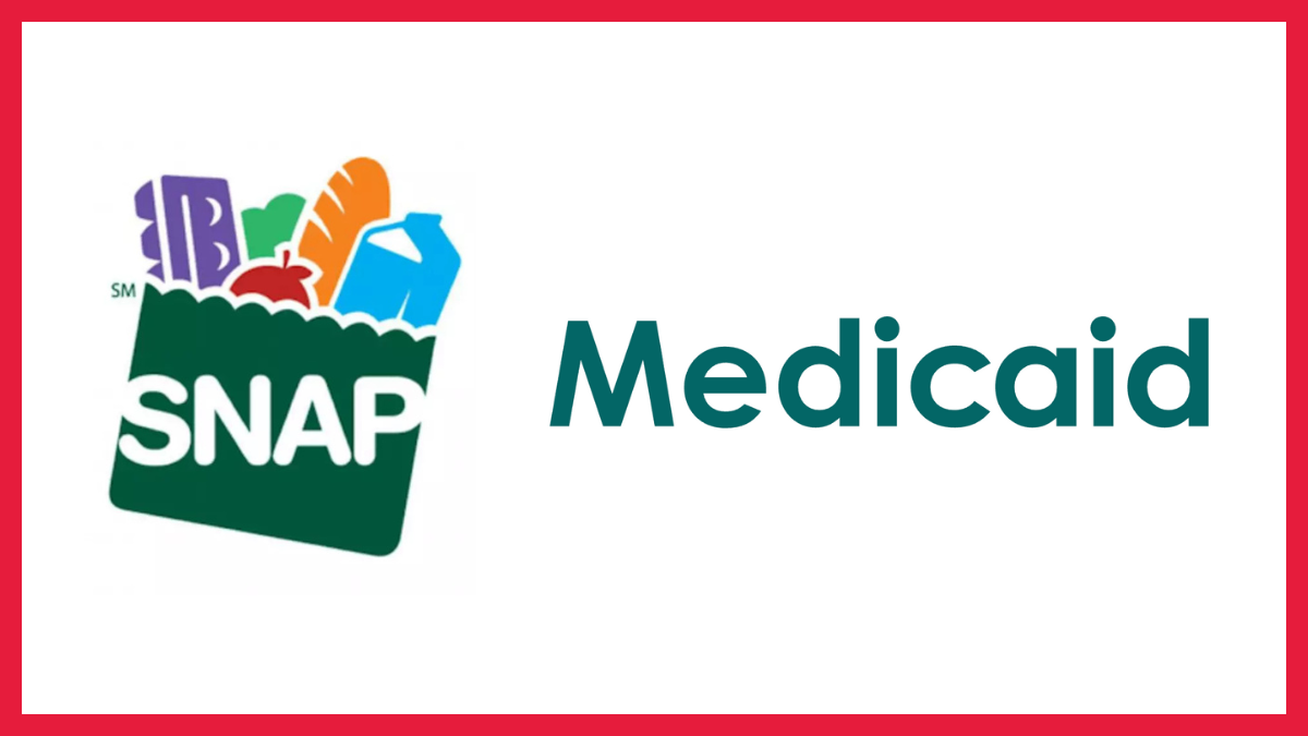 logo for SNAP alongside text reading Medicaid with a red border around both